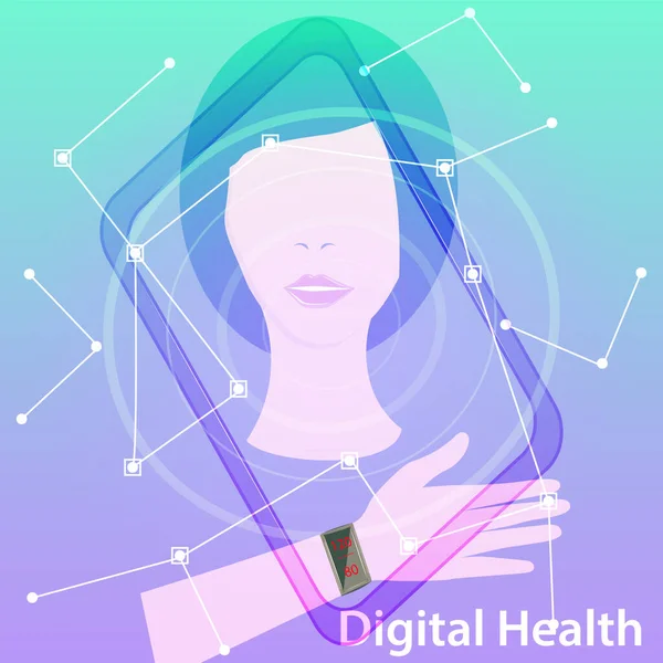 女性形象 数字健康 现代和未来的技术 移动应用程序 医学横幅 网页设计 — 图库矢量图片