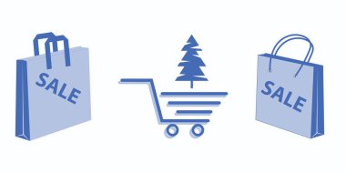 Kese kâğıdı, alışveriş arabası, Noel ağacı, vektör. Kış indirimi. Pankart