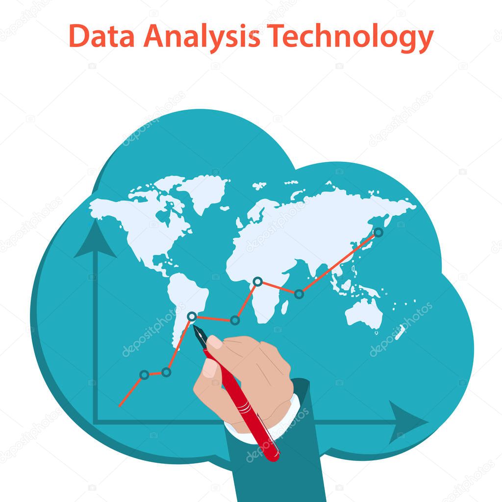Data analysis - hand, fountain pen, magnifier, world map, diagram - vector. Business technology.