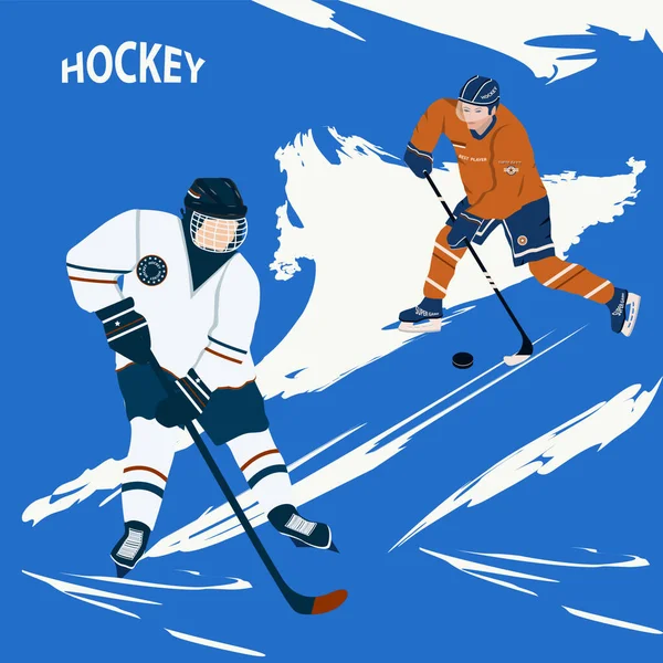 Winter sport. Hockey players with hockey stick, puck - abstract background in grunge style - vector.