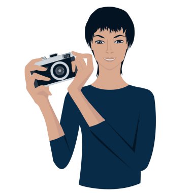 Kameralı Asyalı adam - beyaz arka planda izole - vektör. Turizm. Seyahat et. Ruh Sağlığı.