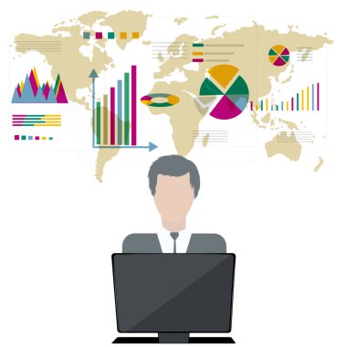 Businessman, computer, world map, diagrams - vector. Business technologies. Data analysis clipart