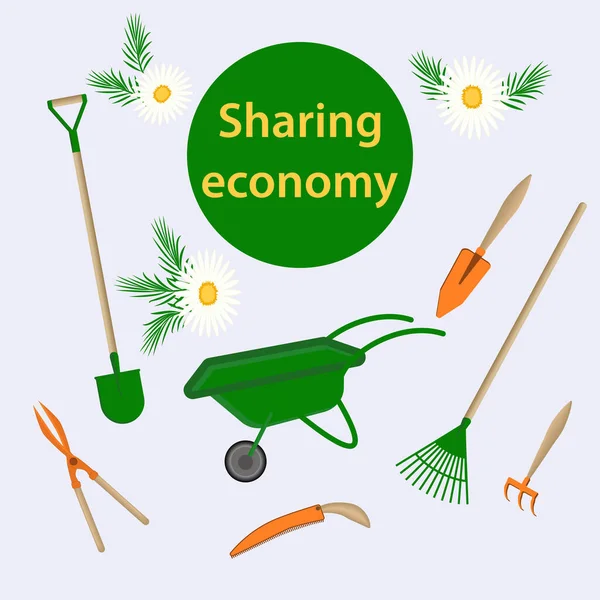 Sharing Economy Gartengeräte Wagen Schaufel Mistgabel Harke Vektorillustration Gestaltungskonzept — Stockvektor