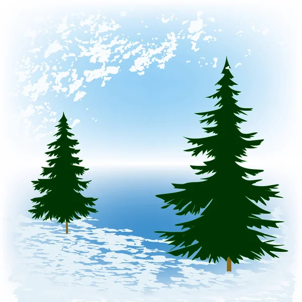 Paesaggio Invernale Abeti Neve Nuvole Stile Grunge Giorno Luminoso Vettore — Vettoriale Stock