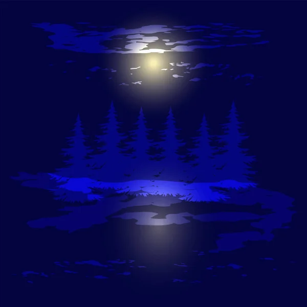 Bosque Abeto Nocturno Luna Fondo Azul Oscuro Abstracto Arte Vector — Archivo Imágenes Vectoriales