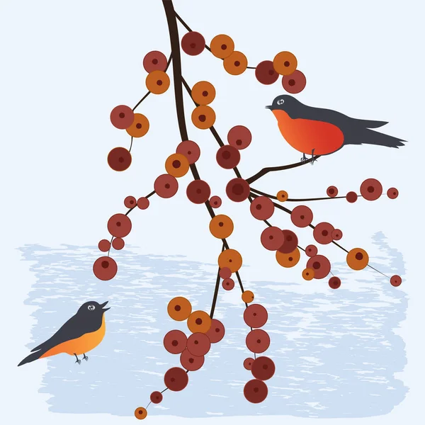 Tit Bullfinch Sit Branch Mountain Ash Abstract Background Art Vector — Διανυσματικό Αρχείο