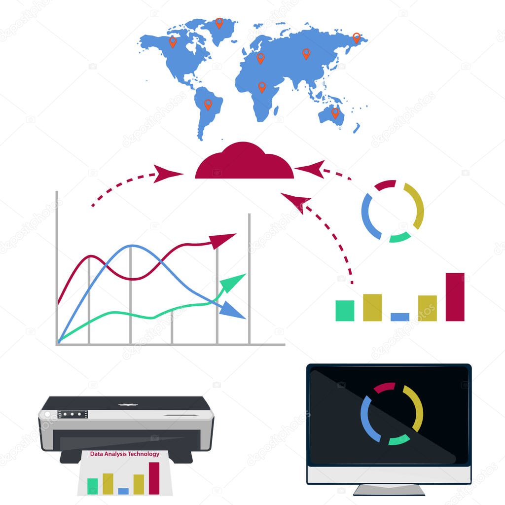 Printer, computer, world map, server cloud, diagrams - vector. Business technologies. Data analysis