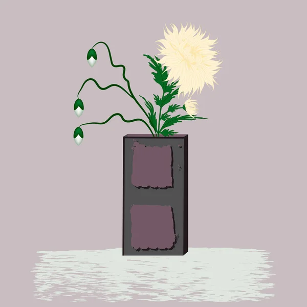 Ikebana Jugendvas Gult Krysantemum Illustration Vektor Blomstersammansättning Interiör — Stock vektor