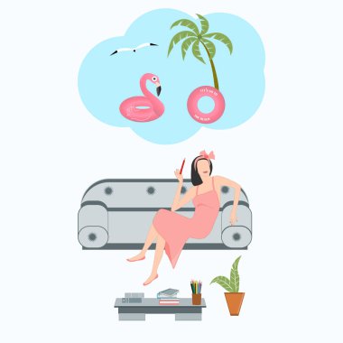 Moda tasarımcısı kanepede oturuyor, tele çalışıyor, denizde bir tatil hayali kuruyor, palmiye ağacı, pembe flamingo - vektör. Seyahat planı.