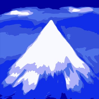 Mavi arka planda kar dağı, bulanık fırça darbeleri - illüstrasyon, vektör. Seyahat afişi.