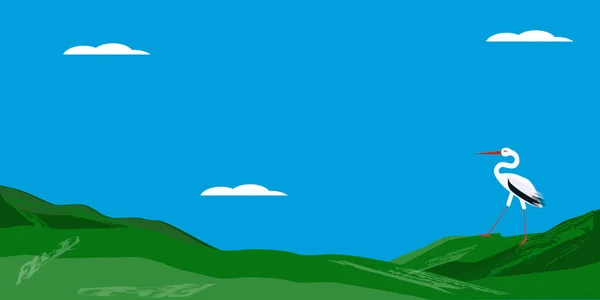 Аист Холмы Небо Облака Вектор Мире Птиц Весна Пейзаж — стоковый вектор