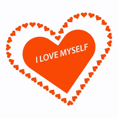 Kalbi küçük kalplerle çevrili. Kendimi seviyorum. Motivasyon afişi. Vektör illüstrasyonu