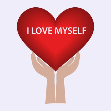 İki el kalbi tutar. Kendimi seviyorum. Motivasyon afişi. Vektör illüstrasyonu