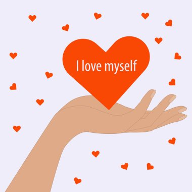 Kalbin açık avucunda. Kendimi seviyorum. Motivasyon afişi. Vektör illüstrasyonu