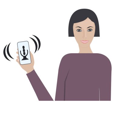 Beyaz arka planda izole edilmiş bir şekilde mikrofon görüntülü cep telefonu tutan bir kız. Ses sohbet sosyal ağ uygulaması. Kulüp evi