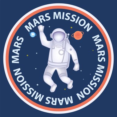 Mars görevi, kırmızı gezegen, astronot, gezegenler, yıldızlar, parlak renkler - vektör. Uzay keşfi.