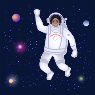 Mars 'a Görev. Astronot kız Afrikalı Amerikan çizgi filmi, gezegenler, yıldızlar, parlak renkler - vektör. Uzay keşfi.