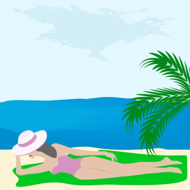 Yazlık şapkalı kadın deniz kıyısında güneşleniyor. Yaz tatili. Seyahat afişi.