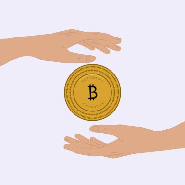 Isometric yatırım - iki el, aralarında bitcoin - vektör. İnternet ödemeleri konsepti. Kripto para birimi ödemeleri.