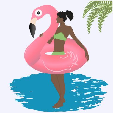 Yüzme çemberi flamingosu pembesi, soyut suda şirin siyah tenli kız, grunge stili vektör. Tatilde. Tatillerde. Seyahat et. Turizm.