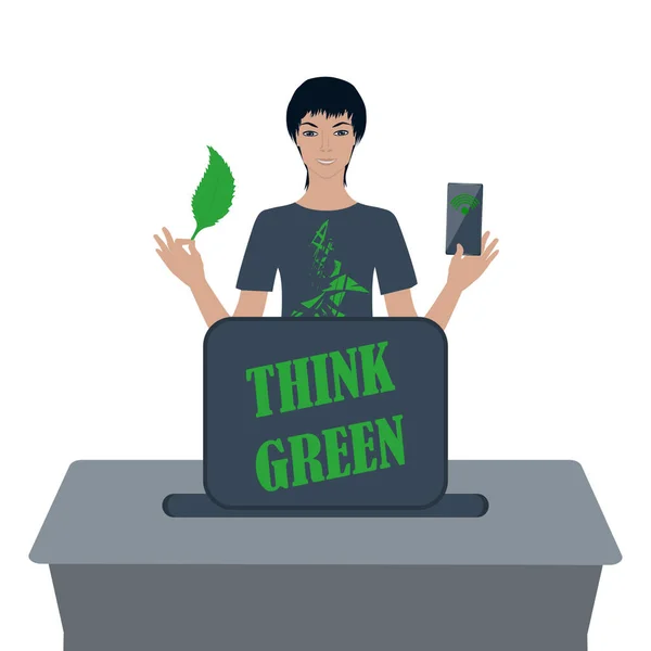 Digital Hållbarhet Tänk Grönt Dator Man Håller Ett Löv Ett — Stock vektor