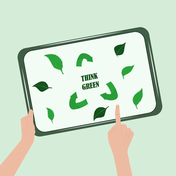 Digital Hållbarhet Tänk Grönt Tabletten Handen Löv Miljökonsekvenser Teknikanvändning Miljöskydd — Stock vektor