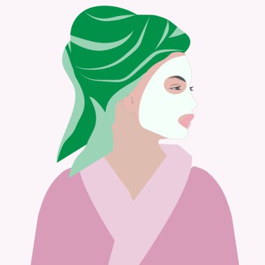 Yüz için kozmetik maske. - Kafasında havlu olan kadın, profil görüşü - vektör. Yüz bakımı konsepti.