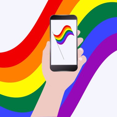 Akıllı telefon ekranında LGBT hareketi gökkuşağı gurur bayrağı - renkli arkaplan - vektör. Gay Gururu. LGBT kavramı.