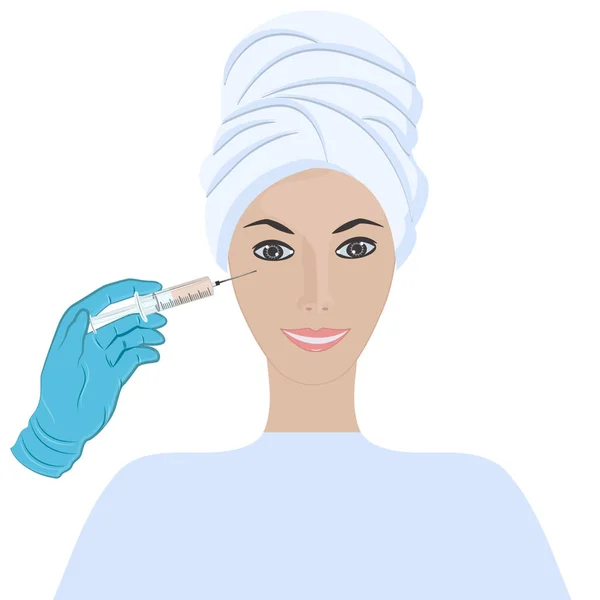 Kadın Yüzüne Enjeksiyon Yapıyor Eline Şırınga Vektör Tıbbi Prosedür Güzellik — Stok Vektör
