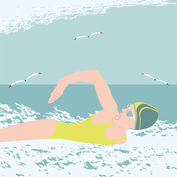 Seascape Una Chica Traje Baño Nada Gaviotas Nubes Olas Estilo — Vector de stock