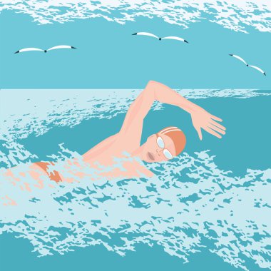 Yüzücü, deniz dalgaları, martılar, vektör. Su sporları. Boş zaman. Deniz Burnu.