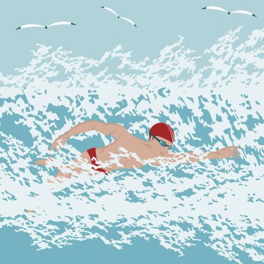 Gözlüklü ve şapkalı bir yüzücü. Büyük deniz dalgaları, martılar, vektör. Su sporları. Boş zaman. Deniz Burnu.