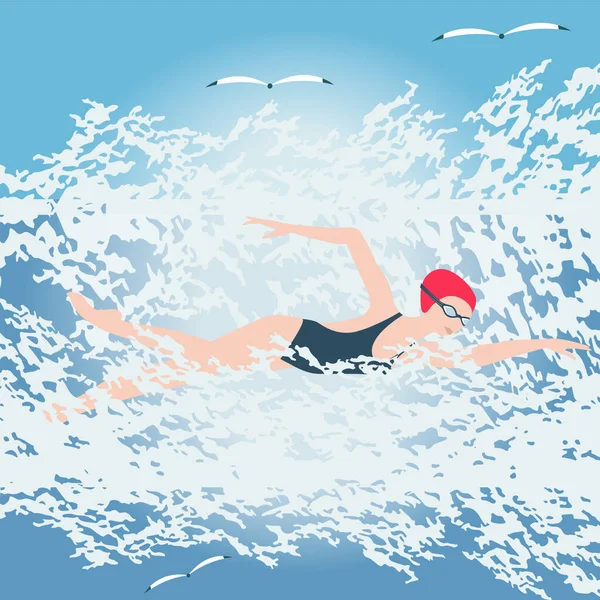 水着の女性は キャップ 大きな海の波 カモメ ベクトル ウォータースポーツ レジャー — ストックベクタ