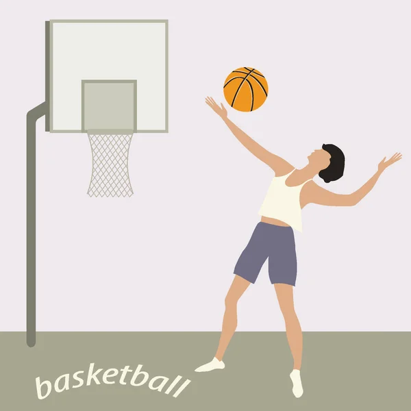 Mujer Jugador Baloncesto Canasta Bastidor Pelota Vector Deporte Activo Salud — Vector de stock