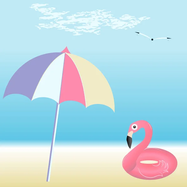 Seascape Umbrella Sun Swimming Inflatable Flamingo Sandy Shore Vector Summer — Stock Vector