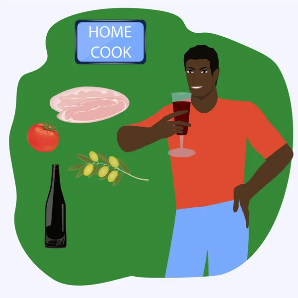 黑男人喝着一杯葡萄酒 一瓶葡萄酒 西红柿病媒 在线烹饪课程 家庭厨房 — 图库矢量图片