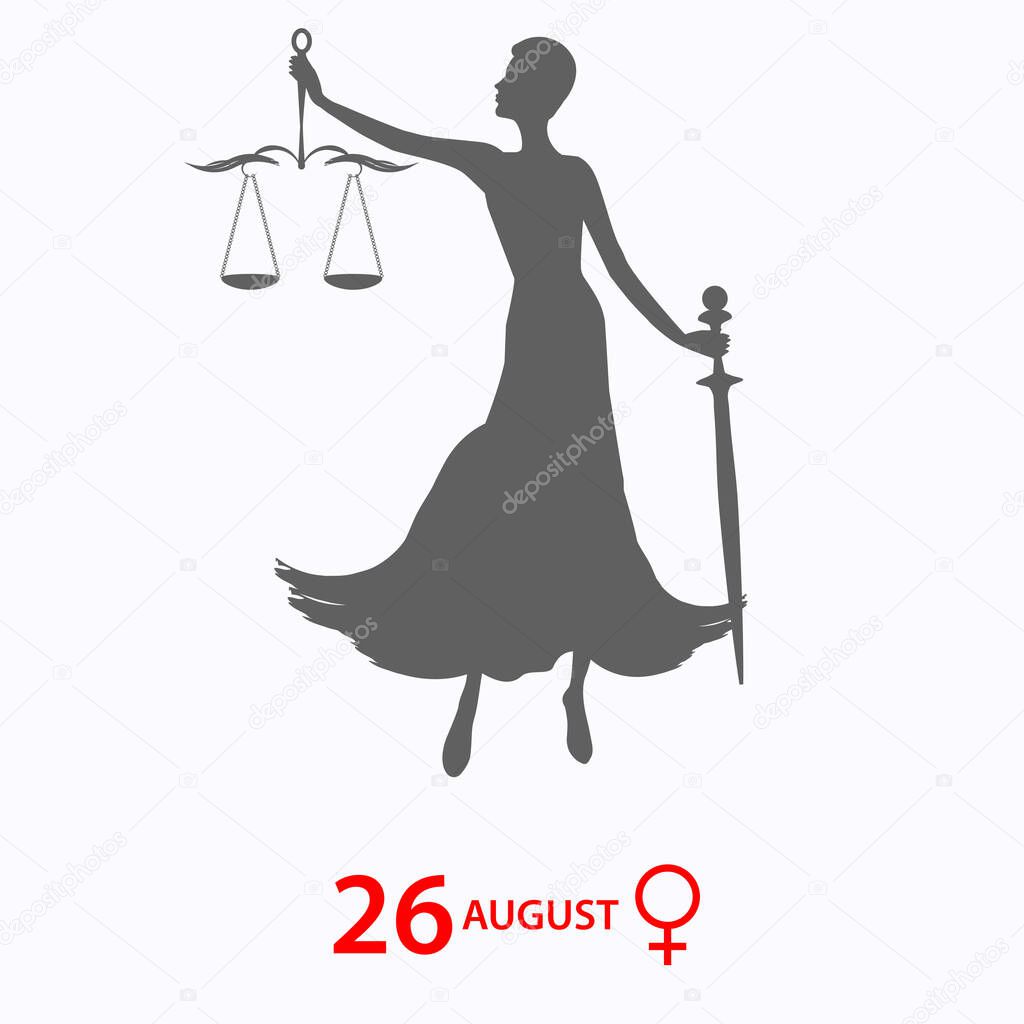 Woman with sword and judicial scales, gender sign - vector. Banner. Women's Equality Day. August, 26th.