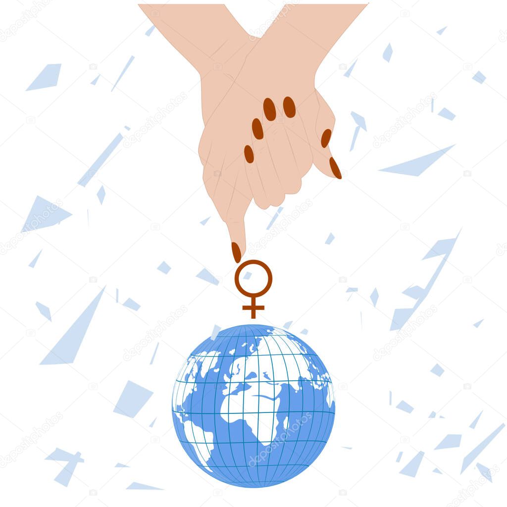 Female hands joined together, gender sign, globe - vector. Banner. Women's Equality Day. August, 26th