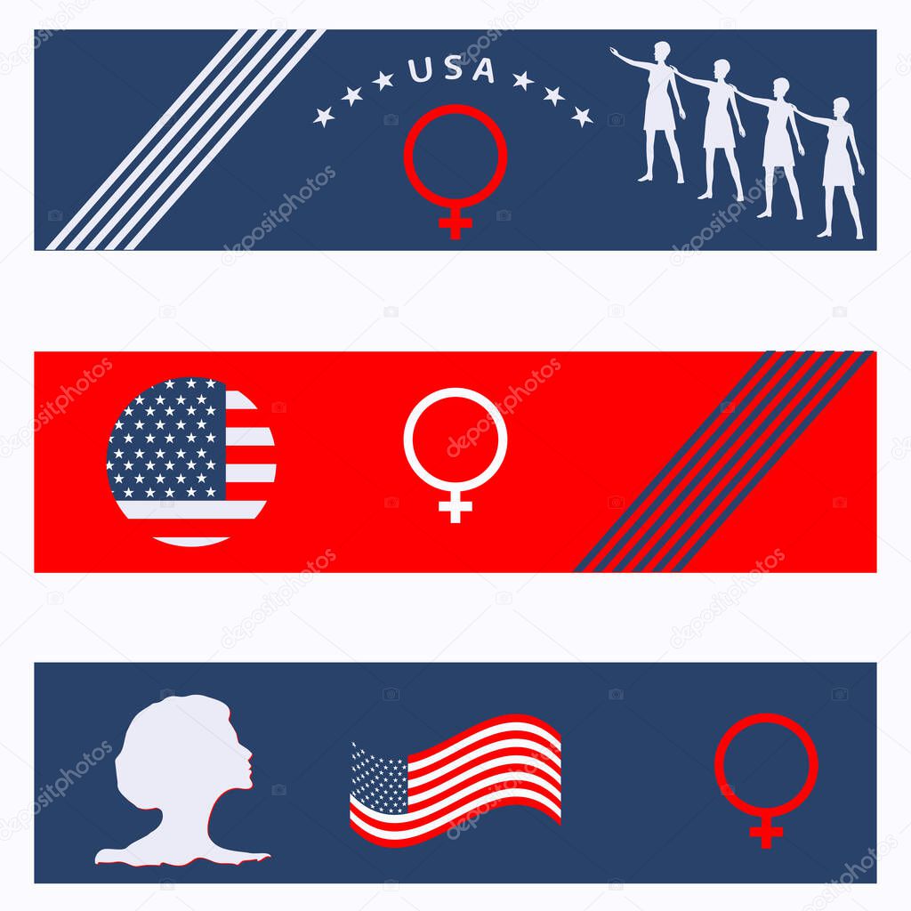 Women's Equality Day. August, 26th. Set Banner horizontal with symbols.