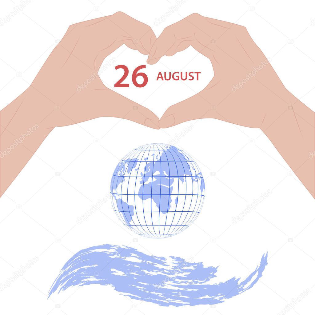 Two hands show heart, gender sign, globe - vector. Banner. Women's Equality Day. August, 26th.