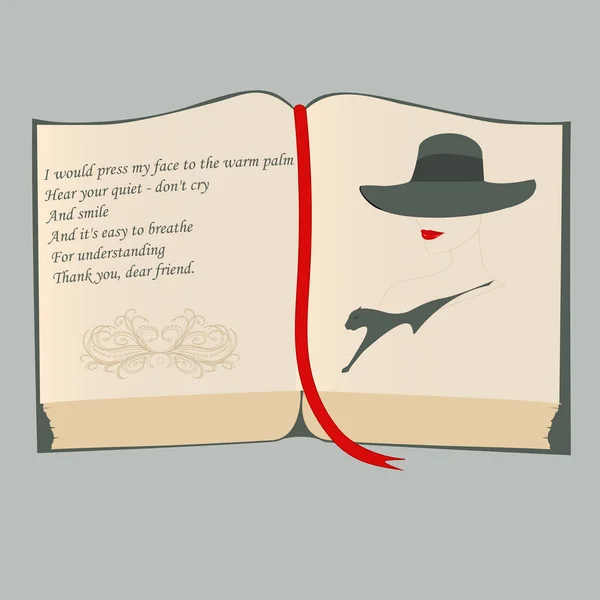 Kitap Açık Sayfalar Kişisel Günlük Hüzün Hakkındaki Şiirler Şapkalı Bir — Stok Vektör