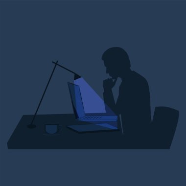 Geceleri bilgisayarda çalışmak, erkek görüntüsü, dizüstü bilgisayar, masa lambası, vektör. Doom parşömeni. İnternet bağımlılığı.
