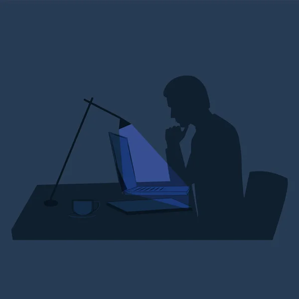 Geceleri Bilgisayarda Çalışmak Erkek Görüntüsü Dizüstü Bilgisayar Masa Lambası Vektör Stok Vektör