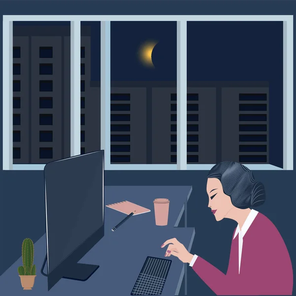 Geceleri Masasında Oturan Yaşlı Bir Kadın Bilgisayarındaki Penceresindeki Ayındaki Şehirdeki Telifsiz Stok Vektörler