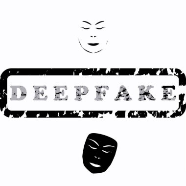 Deepfake - masks and abstract grunge style inscription in a frame - vector. Falsification. Artificial intelligence. clipart