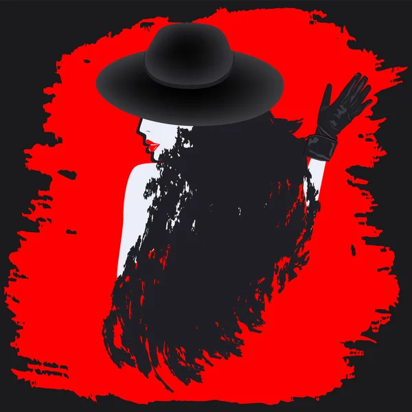 黒い帽子と手袋 長い髪の美しい魔女 赤いグランジの背景 ベクトル 神秘的だな ウィッチクラフト ハロウィンパーティーバナー ベクターグラフィックス