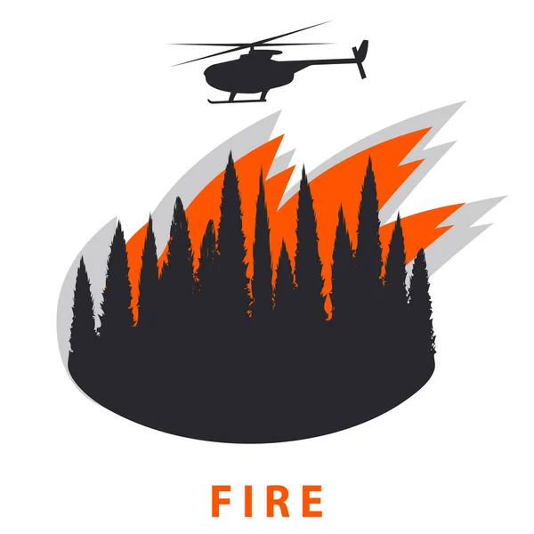 Fire Forest Helicopter Vector Natural Disaster Ecology Protection Concept — Stock Vector