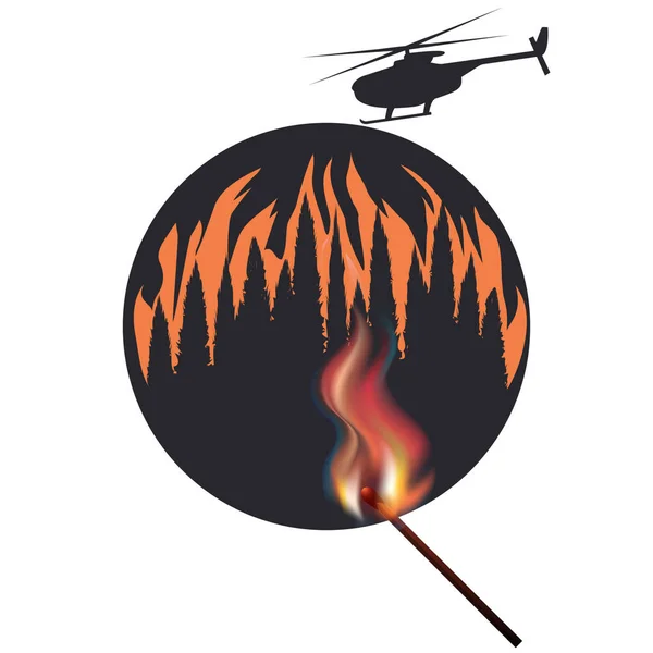 Burning Match Fire Forest Helicopter Vector Natural Disaster Ecology Protection — Stock Vector