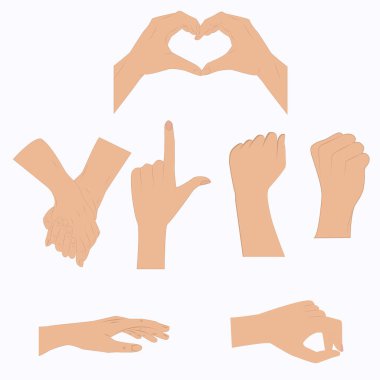 Adamın elleri, 7 farklı pozisyonda - beyaz arka planda izole edilmiş - vektör. Tasarım ögeleri