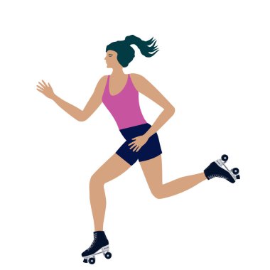 İyi bir kız beyaz arka planda izole bir şekilde paten kaymaya gider. Tasarım elemanı. Spor motivasyonu.